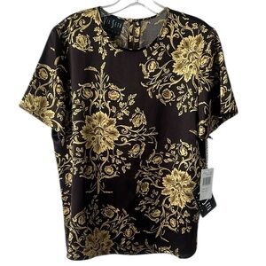 NWT Via Seta Brown Gold Short Sleeve Silk Blouse Size 40 | US 10 Reg. $87